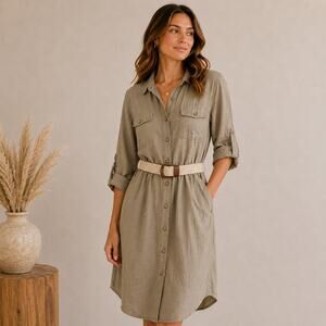 Tahara Linen Blend Button-Up Dress Women's Size 10 Light Brown Belted Coastal